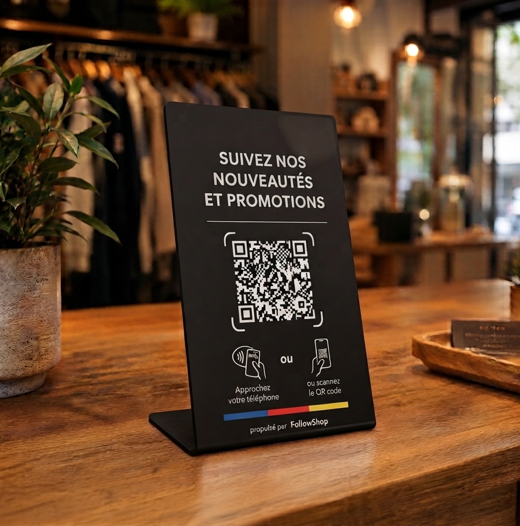 Présentoir PVC noir pour comptoir avec QR code FollowShop