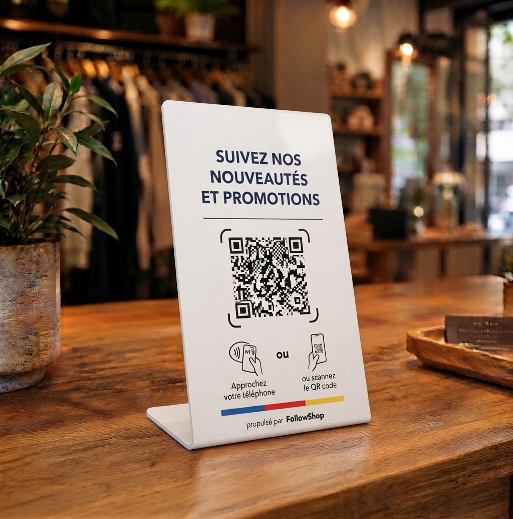 Présentoir PVC blanc pour comptoir avec QR code FollowShop