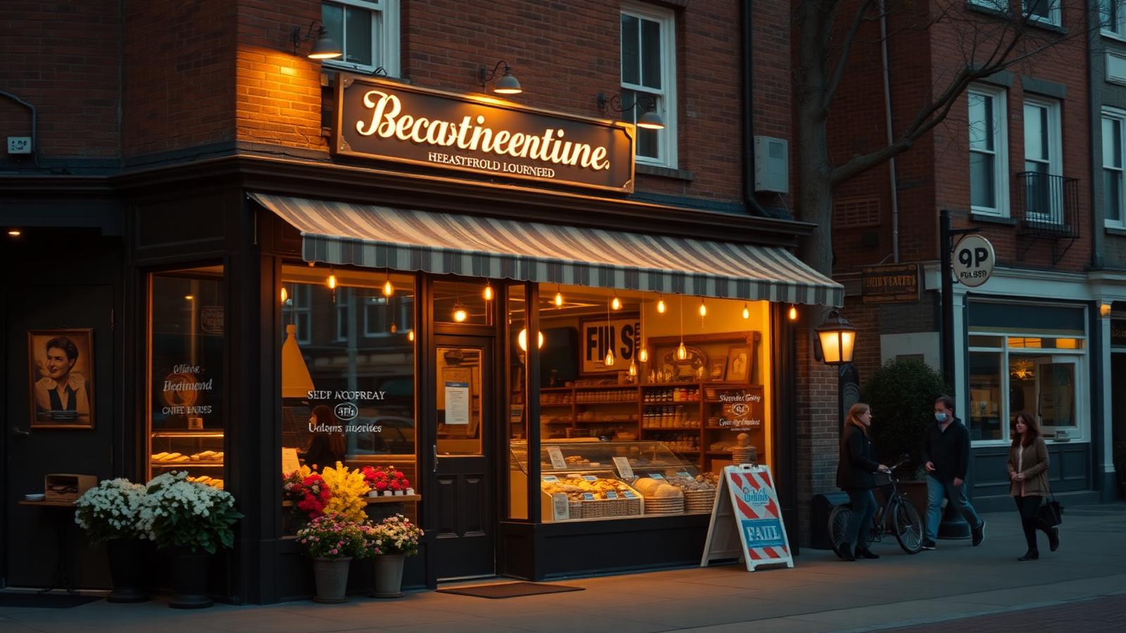Belle boutique indépendante éclairée en soirée