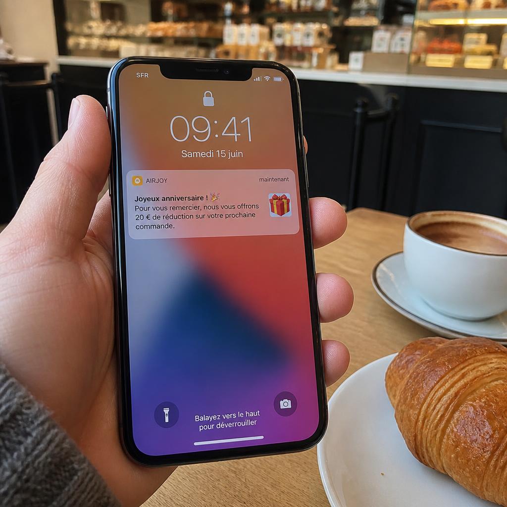 Notification d'anniversaire avec cadeau offert reçue sur un smartphone dans un café