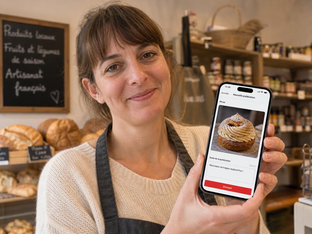 Commerçante composant une actualité avec photo, texte et bouton Envoyer sur l'application FollowShop