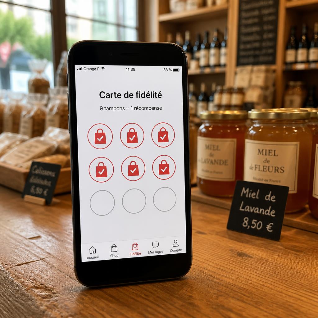 Vrai tampon de fidélité FollowShop avec une carte de tampons sur un comptoir de boutique
