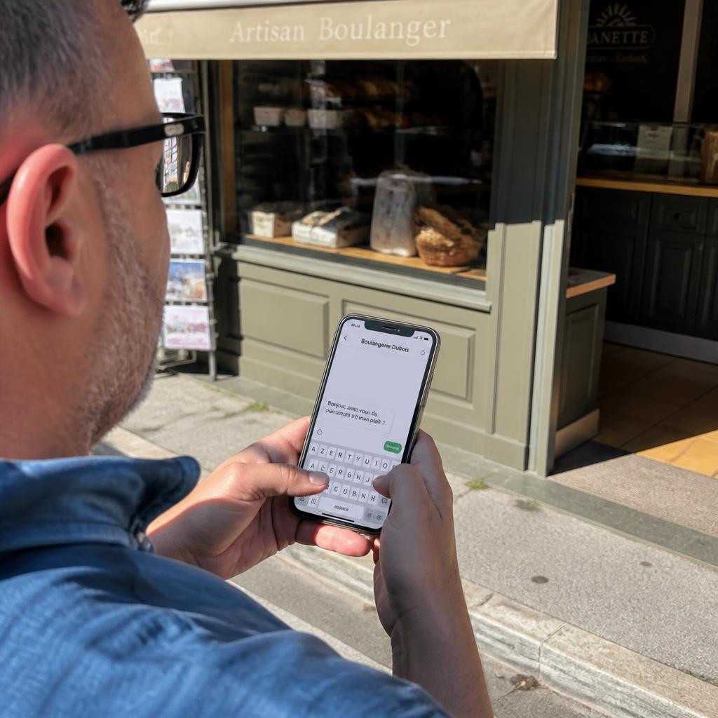 Passant devant une vitrine envoyant un message à la boutique pour se renseigner