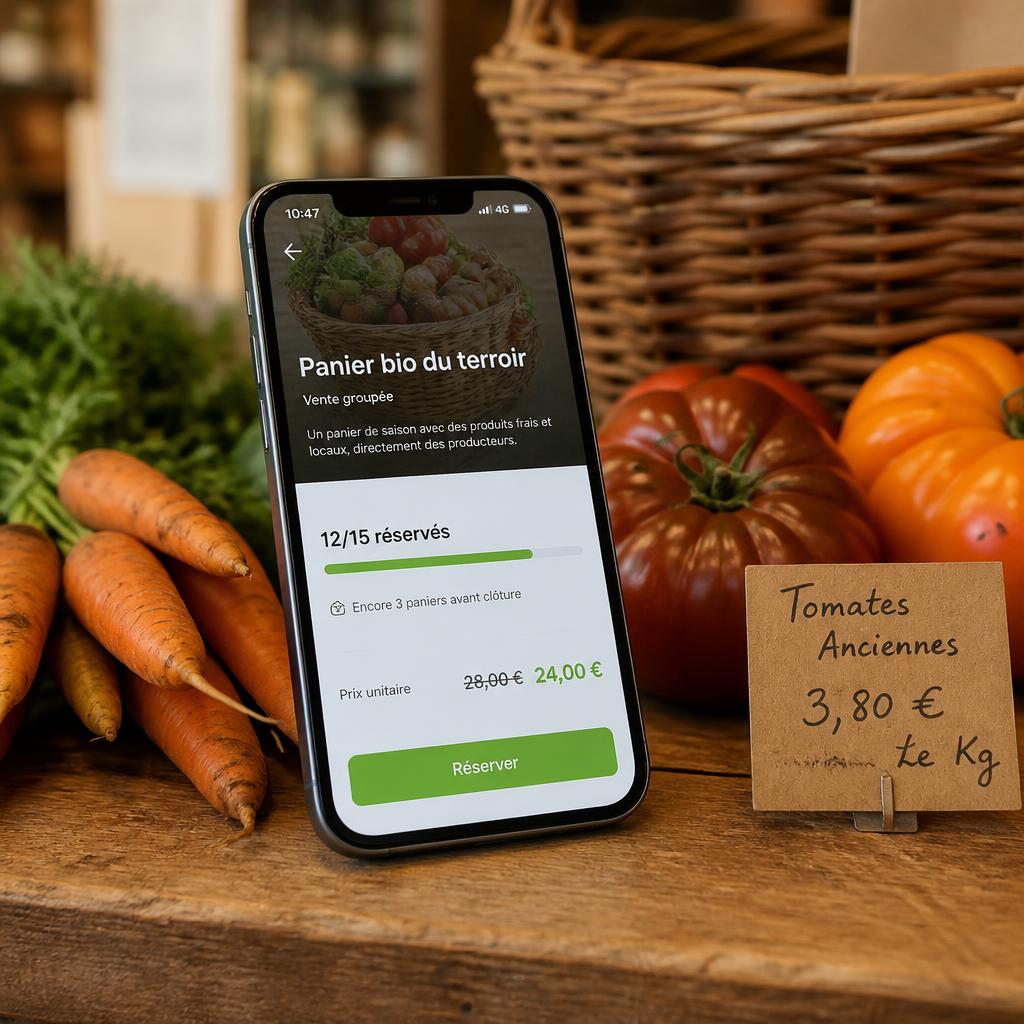 Vente groupée d'un panier de légumes bio affichée sur un smartphone dans une épicerie