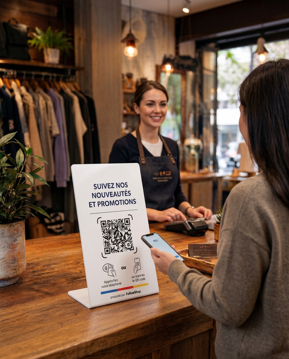 Une vendeuse accueille une cliente au comptoir devant le présentoir QR code FollowShop