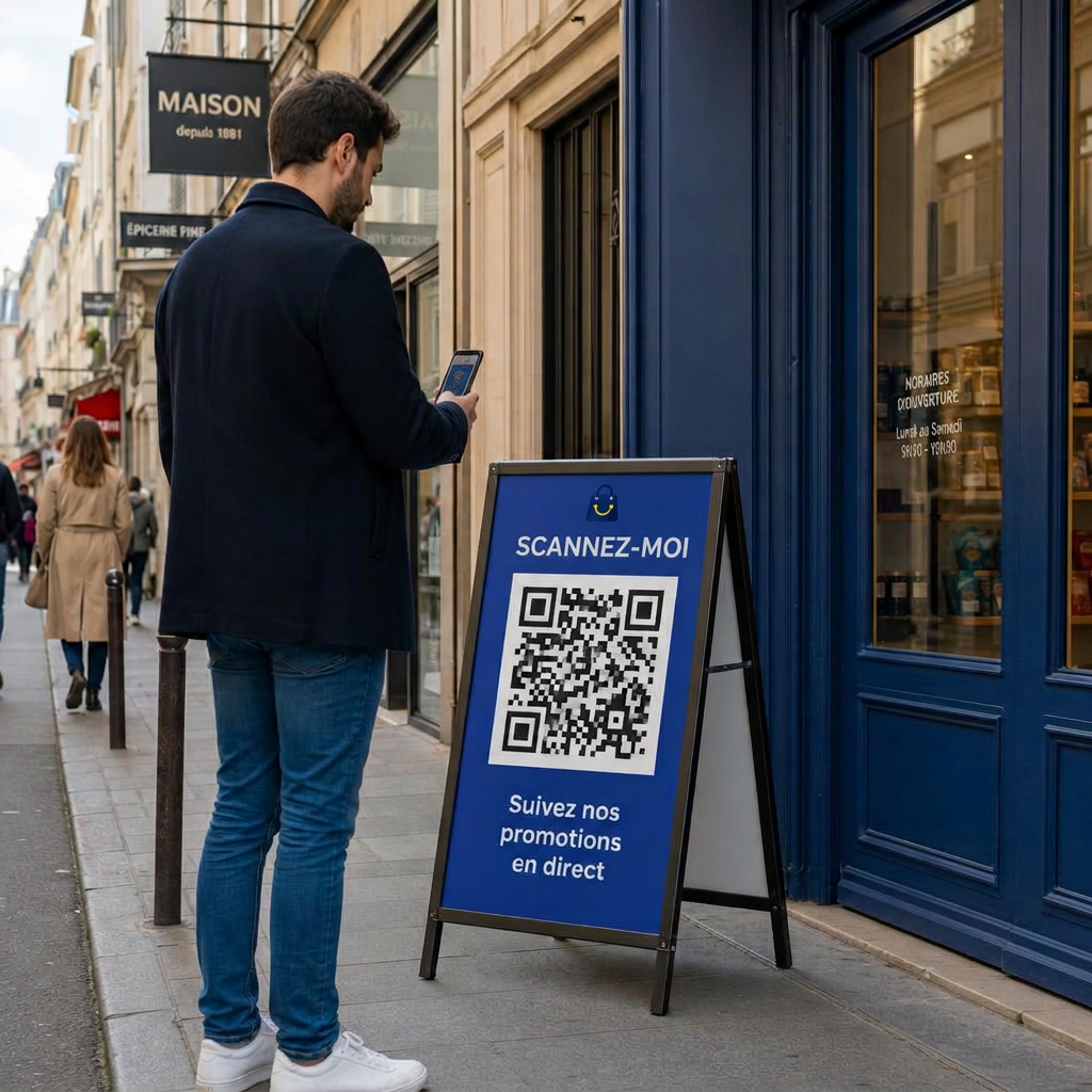Un passant scanne le QR code FollowShop sur un stop-trottoir devant une boutique