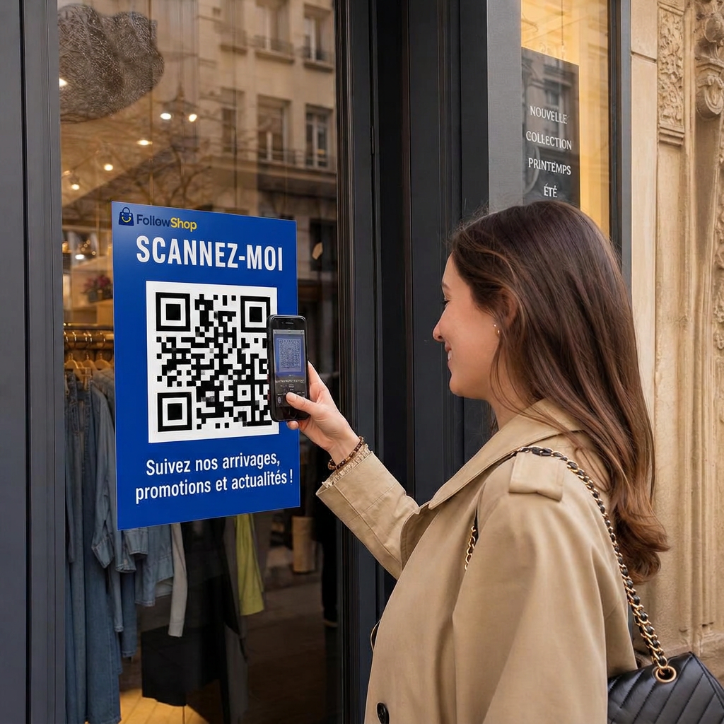 Une cliente souriante scanne l'affiche QR code FollowShop collée sur la vitrine d'une boutique